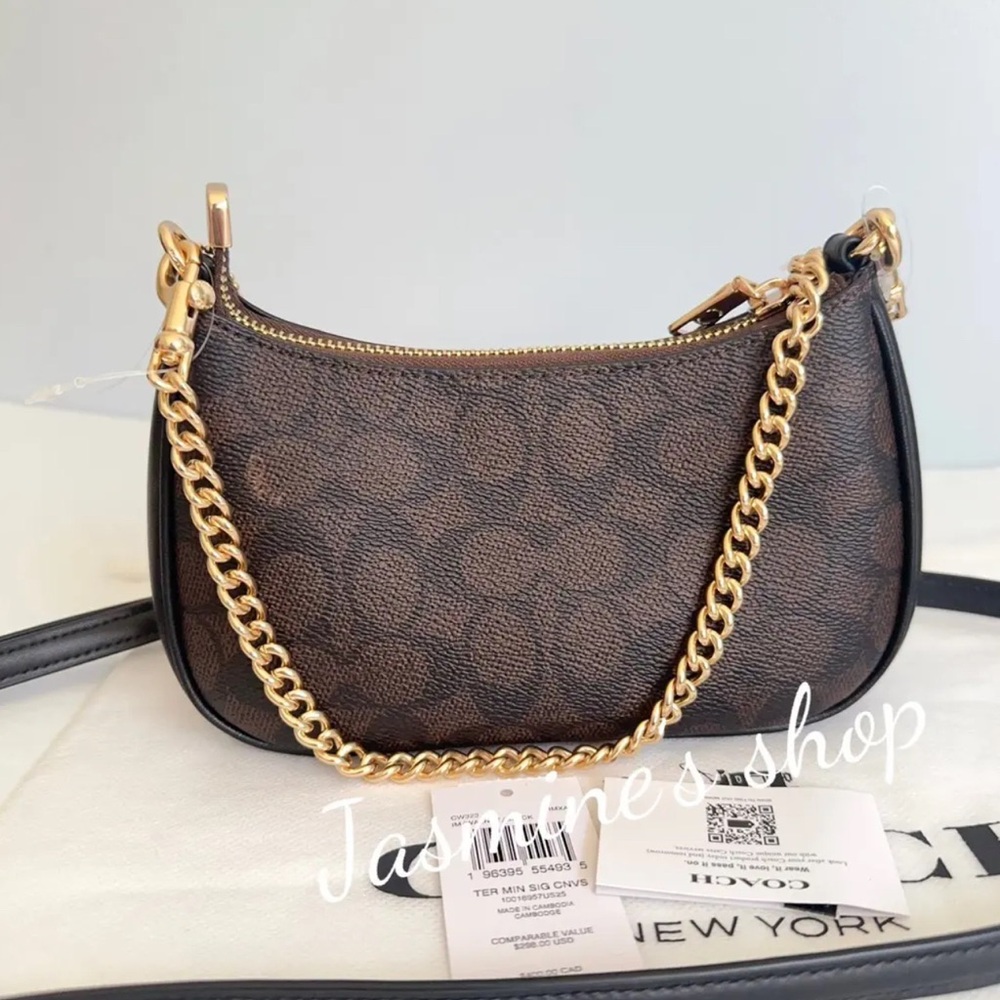Coach Signature Canvas Gold/Walnut/Black Mini Teri Shoulder Bag - Picture 11 of 14